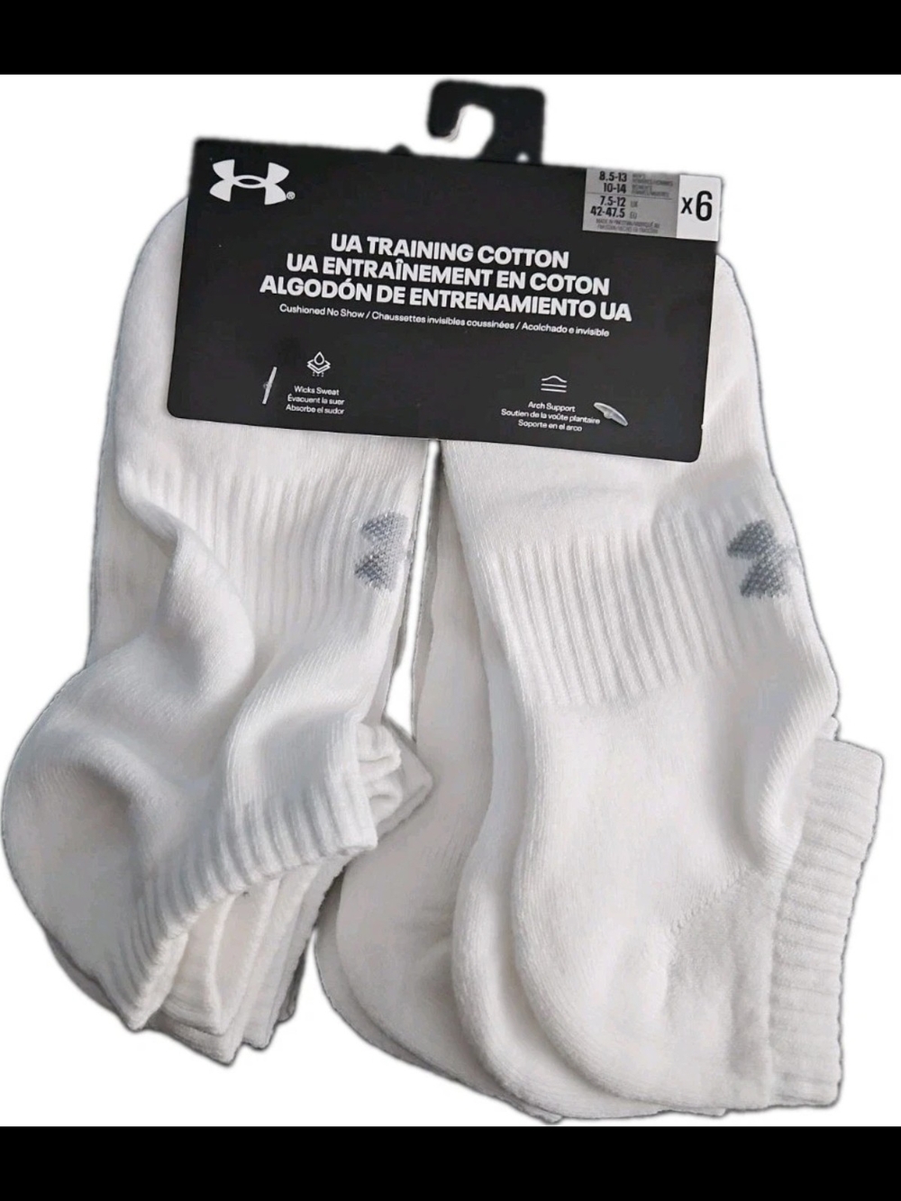 Under Armour Training Cotton 6-Pairs Men's No Show Socks Large 8.5-13  White